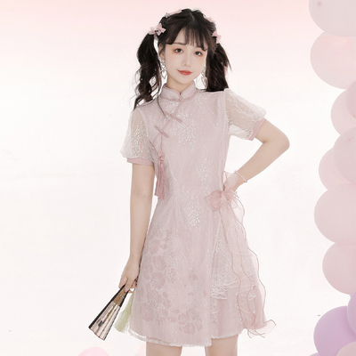 taobao agent Genuine lace cheongsam, summer dress, lace dress, Chinese style, puff sleeves, bright catchy style, fitted