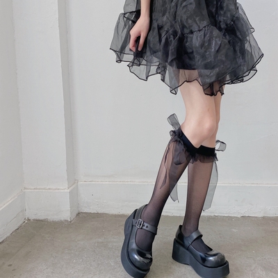 taobao agent The new pure desire lace net yarn ribbon white silk calf socks arbitrarily cut jk bow hot girl middle tube sweet black silk