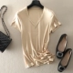 Áo thun ngắn tay quần áo nữ cao cấp xuân hè 2021, dệt kim axit axetic băng giá và thoải mái, áo blouse nữ cổ chữ V mỏng, đa năng, đơn giản - Áo phông
