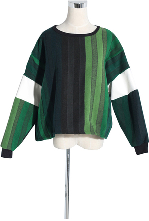 巴黎时装周 走秀款 渐变条纹袖子pu皮拼接抓绒长袖卫衣宽松上衣