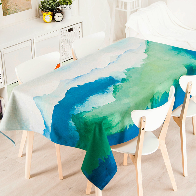 蓝绿光水彩山峰文艺清新餐桌布艺台布圆桌布加厚方形茶几餐厅盖布