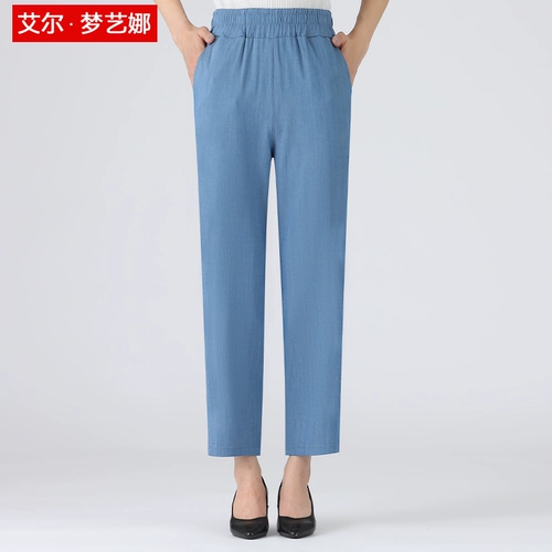 Летние тонкие джинсовые шелковые штаны для матери, эластичная талия, свободный прямой крой, для среднего возраста