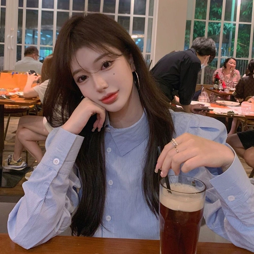 Брендовая осенняя футболка, синяя рубашка, в корейском стиле, рукава фонарики, коллекция 2023