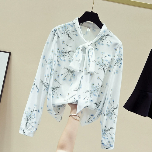 Осенний топ, шифоновая рубашка, коллекция 2022, городской стиль, в корейском стиле, длинный рукав, шифоновый с принтом