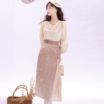 taobao agent Velvet genuine retro elegant pleated skirt, set, high waist