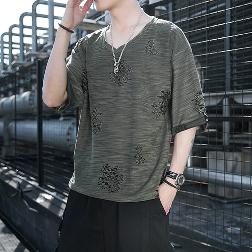 Tide, мужская шелковая летняя тонкая ретро универсальная трендовая футболка, короткий рукав, в американском стиле, оверсайз, V-образный вырез