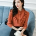 Mannaer 2020 mùa thu mới người hâm mộ Hàn Quốc dài tay áo sơ mi voan tai gỗ của phụ nữ đáy áo sơ mi ngọt ngào - Áo sơ mi Áo sơ mi