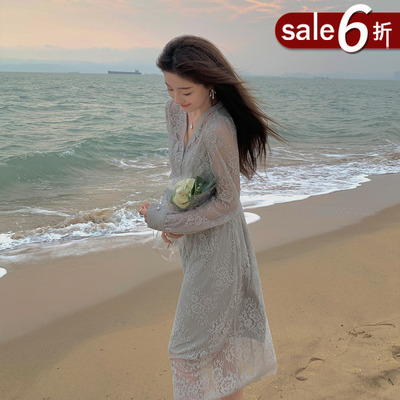 taobao agent Retro lace long dress, French retro style, V-neckline