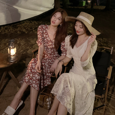 taobao agent Shiffon spring long skirt, lace dress, floral print, mid-length, V-neckline, puff sleeves
