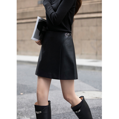 taobao agent Polyurethane black winter pleated skirt, mini-skirt, high waist, fitted
