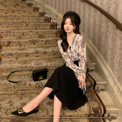 taobao agent Dress, shiffon set, spring retro long skirt, Chinese style, color skirt, 2022