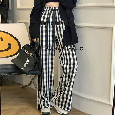 taobao agent Xia Shiwen black and white checked high -waisted high -waisted wide -leg pants Female spring 2022 Korean version of casual versatile pants