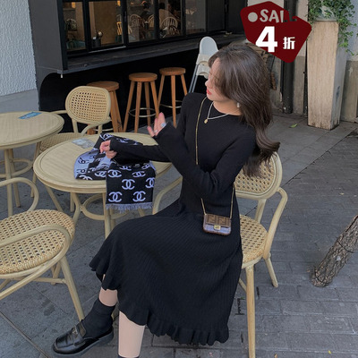 taobao agent Knitted woolen black winter dress, V-neckline