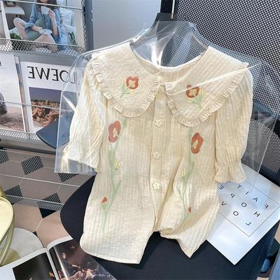taobao agent Extra large summer shirt, doll, jacket, plus size, with embroidery, flowered, loose fit, doll collar, puff sleeves