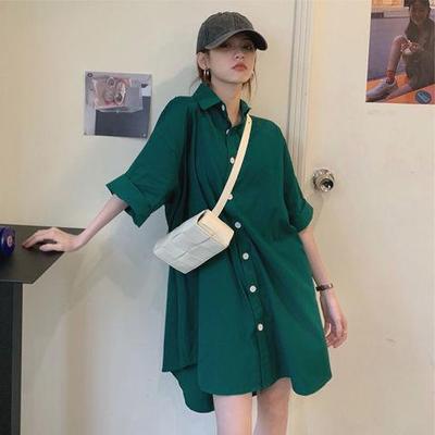 taobao agent Extra large green mini-skirt, shirt, summer skirt, long advanced dress, plus size, mid-length