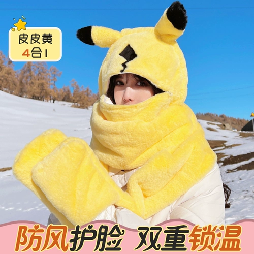 Мультяшная шапка, зимний шарф, удерживающие тепло перчатки с капюшоном, универсальный комплект, с медвежатами, увеличенная толщина, 3 предмета