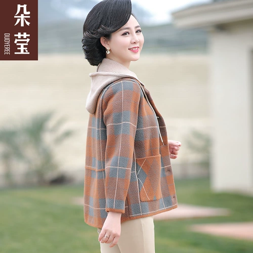 Демисезонный пуховик для матери, шерстяное пальто, куртка с капюшоном, яркий броский стиль, для среднего возраста, в западном стиле