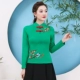 Mùa thu và mùa đông phong cách dân tộc của phụ nữ dài tay áo phông thêu cổ điển áo sơ mi dưới cùng Tang phù hợp với phong cách Trung Quốc cổ áo đứng kích thước lớn của phụ nữ hàng đầu - Áo phông