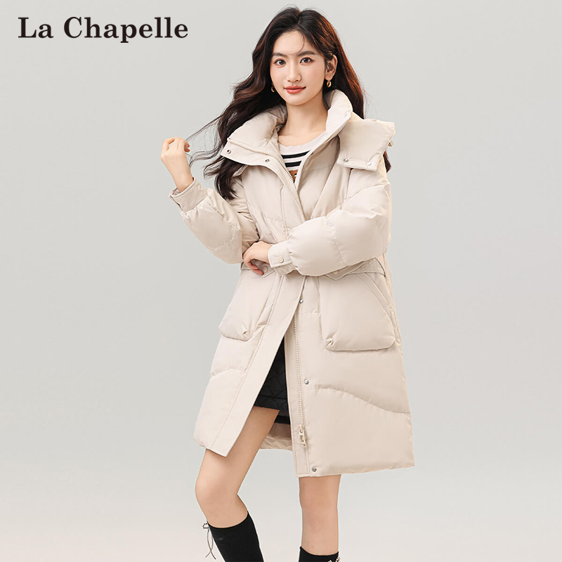 拉夏贝尔羽绒服2023冬季新款可脱卸帽长款加厚白鸭绒纯色保暖外套