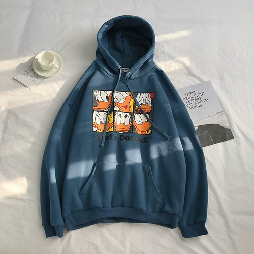 Свитшот с капюшоном, трендовые джинсы с начесом для отдыха, мультяшная утепленная куртка для школьников, в корейском стиле, оверсайз