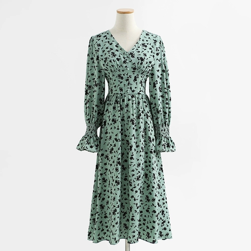 Ретро ароматизированный чай, осенняя длинная длинная юбка, V-образный вырез, цветочный принт, по фигуре, длина макси