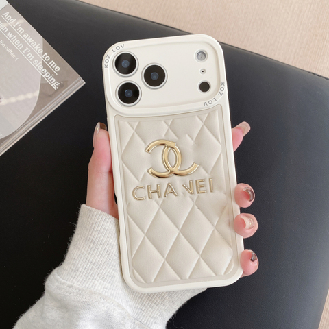 Quilted Leather Pattern With Gold Emblem & Lanyard Strap – Pro/Plus/Max/Air – 17, 16, 15, 14, 13, 12 iPhone Case