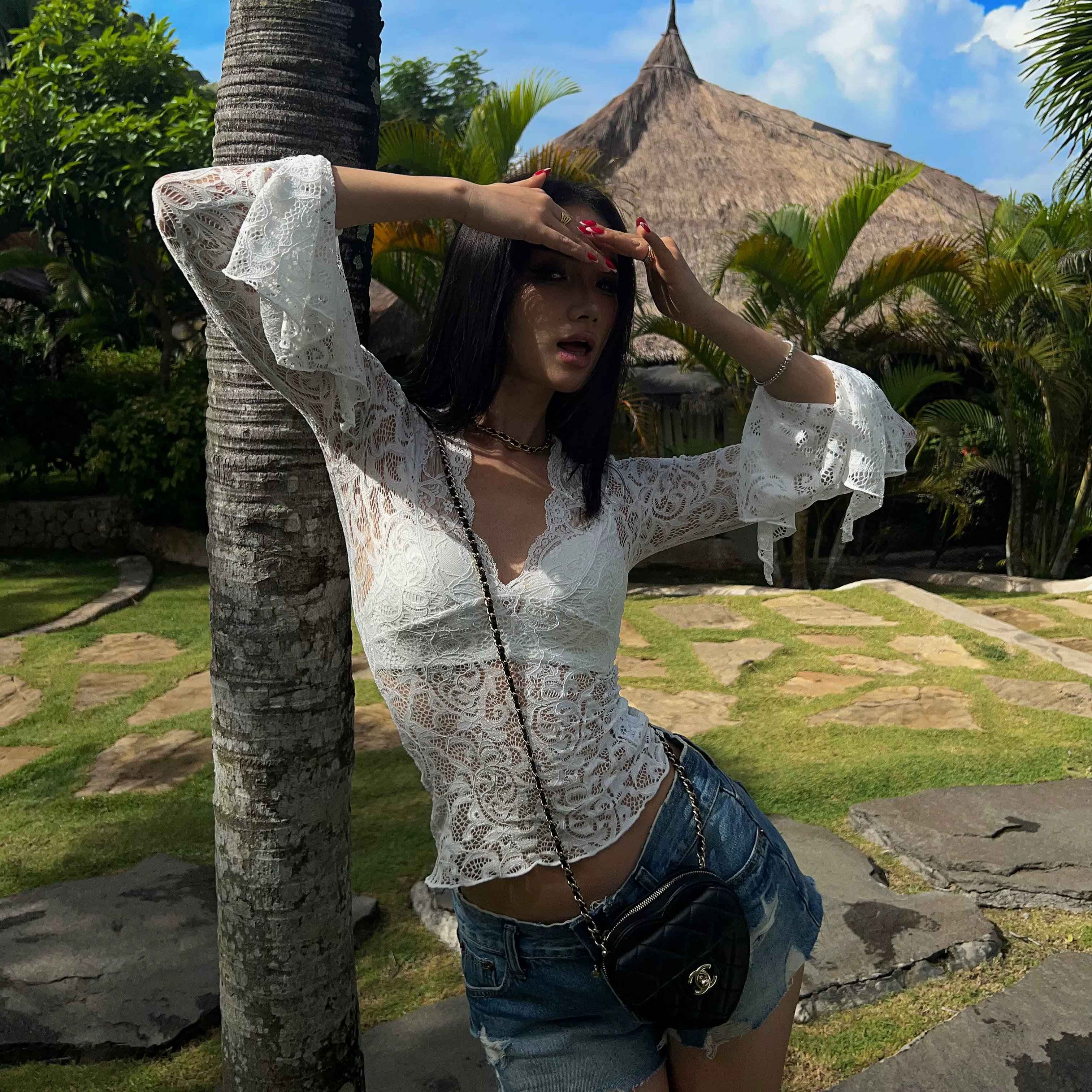 KKSHOP lace see-through hollow pure lust style slim fit sexy deep V trumpet sleeve short design top