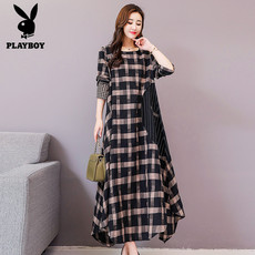 Женское платье 【天猫】花花公子2020秋季新款长袖连衣裙休闲女装宽松中长款女士格子长裙 Playboy