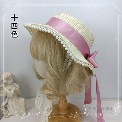 taobao agent Original elegant bow ribbon straw hat Fairy beach holiday beach hat pearl big hat big hat, sun hat flat top