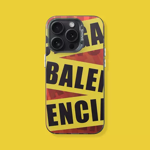 Balenciaga Trendy Fashionable Bold Yellow Red Text Tape Phone Case for iPhone 17, 16, 15, 14 and 13