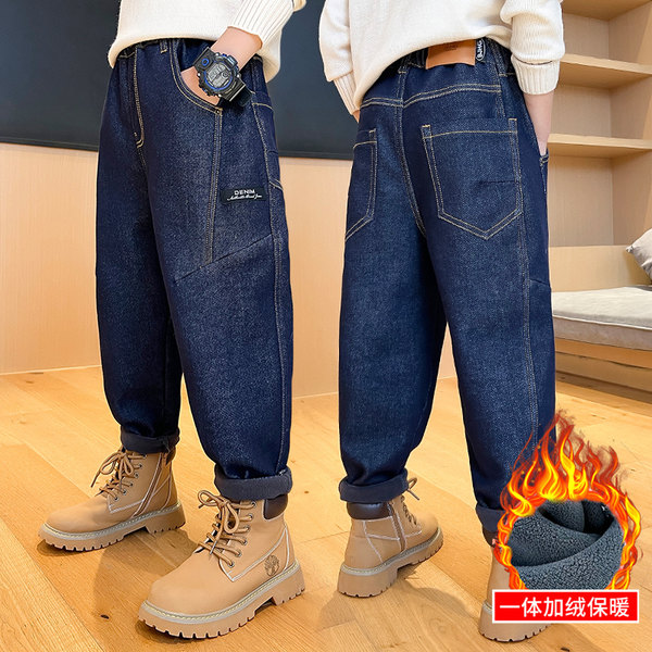 Флисовые джинсы с начесом для мальчиков, бархатные зимние леггинсы, детские удерживающие тепло штаны, увеличенная толщина, коллекция 2023, свободный крой