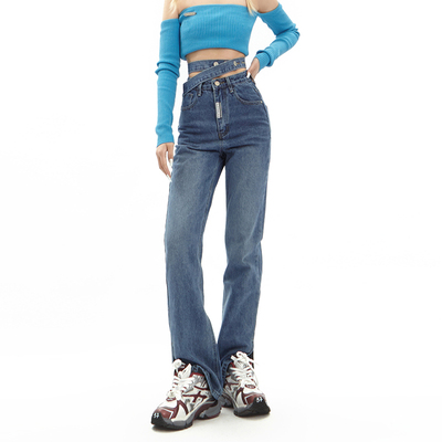 taobao agent Spring sexy belt, loose straight jeans, high waist