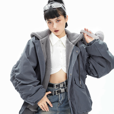 taobao agent Retro demi-season fleece jacket with hood with zipper, American style, with embroidery