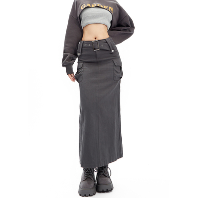 taobao agent Retro autumn pleated skirt, belt, long denim skirt, American style, mid-length