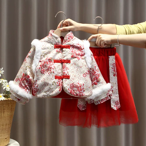 Ханьфу, новогодняя флисовая юбка, праздничнная детская зимняя одежда, детская одежда, китайский стиль