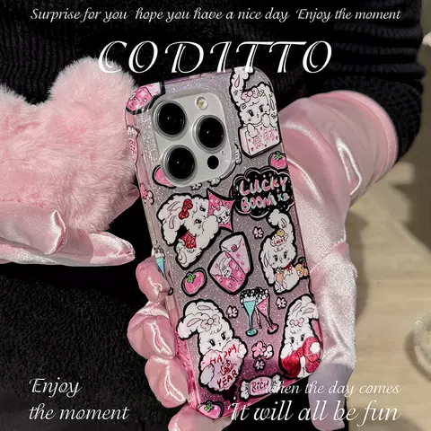 Cartoon Cute Bunny Sticker Collage Lucky Boom Happy Year Girls Phone Case for iPhone 17, 16, 15, 14 and 13