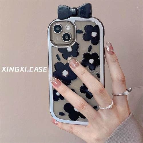 Apple, брендовый черный трехмерный совместимый iPhone 13 с бантиком, чехол для телефона, силиконовый ретро защитный чехол, в цветочек, iphone, 13promax, популярно в интернете, защита при падении