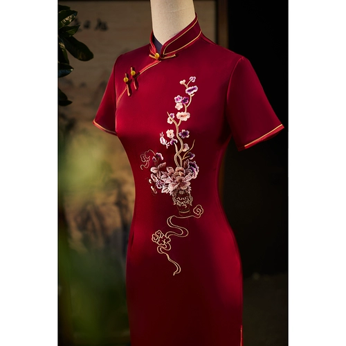 Красное ципао, элегантное свадебное платье, длинное легкое вечернее платье, с вышивкой