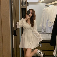 Осеннее белое платье, ретро приталенный корсет, 2019, популярно в интернете, длинный рукав, французский ретро стиль, V-образный вырез
