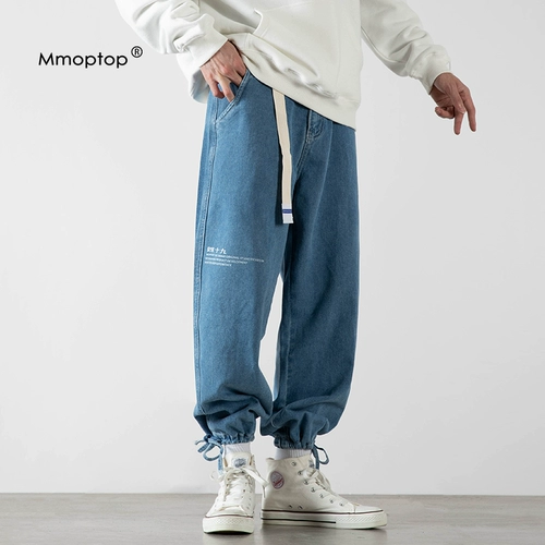 Джинсы, модные штаны, на шнурках, оверсайз, свободный прямой крой