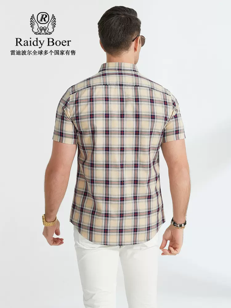 raidy boer/雷迪波尔夏季男英伦格纹高频浮雕混纺短袖衬衫1013