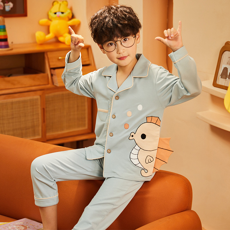 Blue Seahorsebaby Home Furnishing Air conditioning clothes baby Inner clothes summer boy girl summer wear children pajamas pure cotton suit Thin