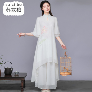 夏季中式禅意女装改良汉服旗袍雪纺连衣裙套装中国风两件套茶禅服