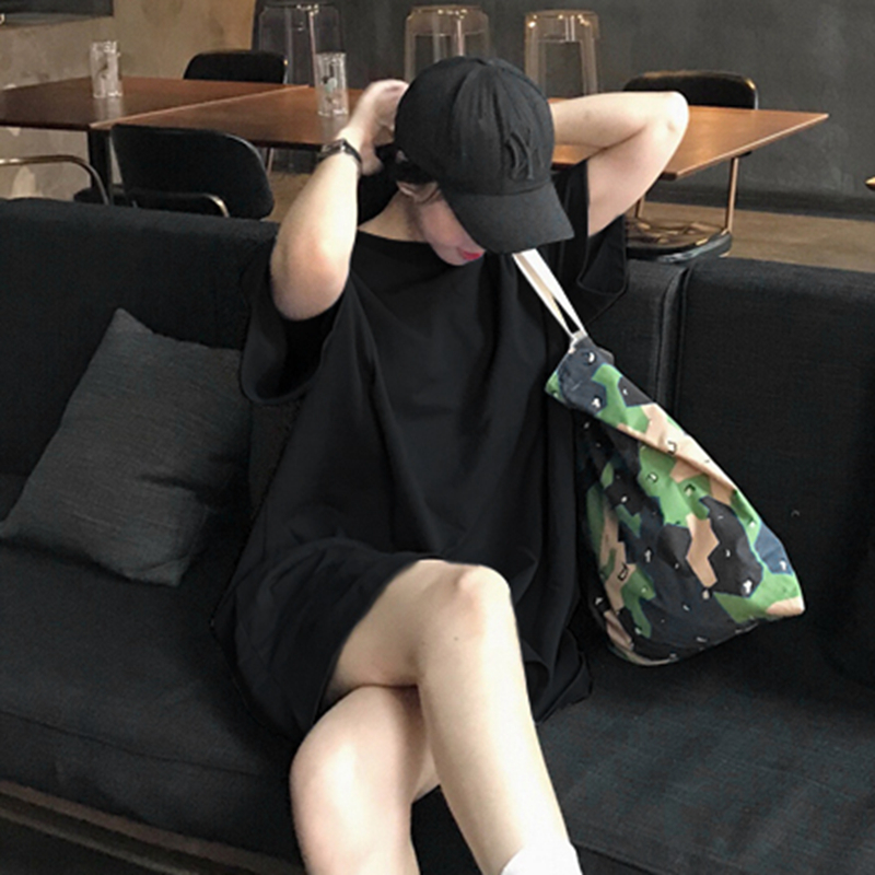 牛油果绿宽松中长款纯色短袖t恤女2025新款ins时尚夏季上衣服洋气