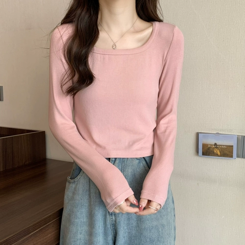 Осенний сексуальный приталенный короткий базовый приятный телу лонгслив, свободный крой, квадратный вырез