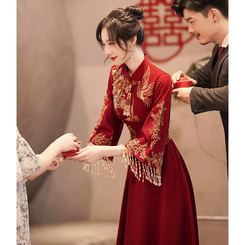 Ципао, зимнее вечернее платье, красное свадебное платье, лонгслив, юбка, традиционный свадебный наряд Сюхэ, коллекция 2023