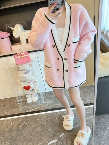 Розовый трикотажный осенний кардиган, лонгслив для отдыха, свитер, V-образный вырез