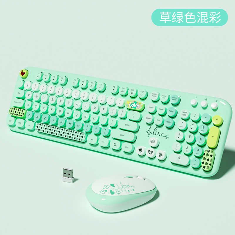 MOFii Teclado e Mouse LOVELY, Sem fio USB de 2,4 G, Teclas redondas Multicoloridas, Estilo máquina de escrever, Cores fofas, 104 teclas – Verde