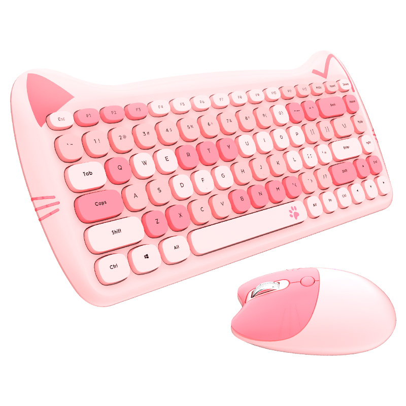 MOFii Teclado e Mouse Cute Cat Sem fio 2.4G USB, Teclas silenciosas, Cores doces, 84 teclas – Rosa