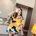 Phụ nữ siêu béo plus size phiên bản Hàn Quốc của phụ nữ áo thun ngắn tay dài giữa rộng rãi mỏng 200 kg áo ngụy trang nửa tay - Áo phông Áo phông